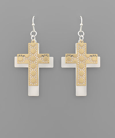 Matte Silver  & Gold Cross Earrings