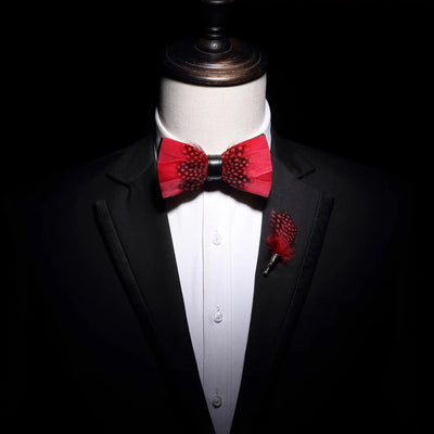 Red Feather Bow Tie & Lapel Pin Set