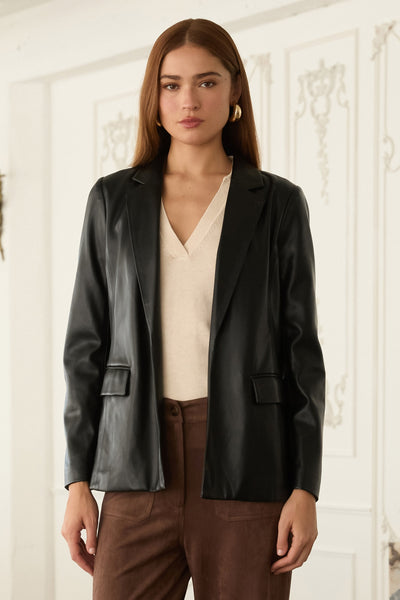 Sleek Black Faux Leather Blazer