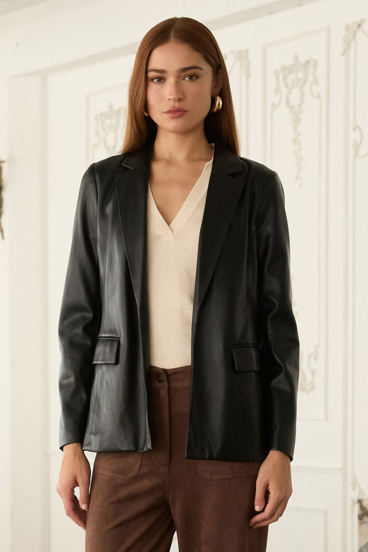 Sleek Black Faux Leather Blazer