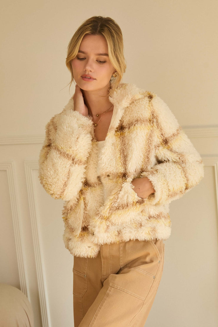 Creamy Plaid Sherpa Jacket