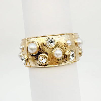 Gold Bangle w Pearl & Clear Crystal