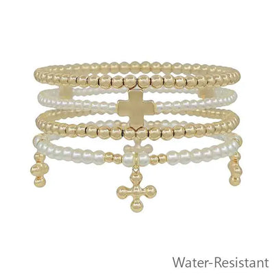 Set of 4 Beaded Cross Charm Stretch Bracelets
