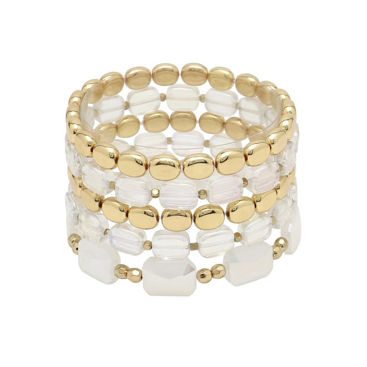 White Iridescent Glass Crystal and Gold Set of 5 Bracelet Stack