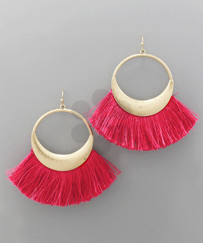 Hot Pink Fringe On Gold Hoop Earrings