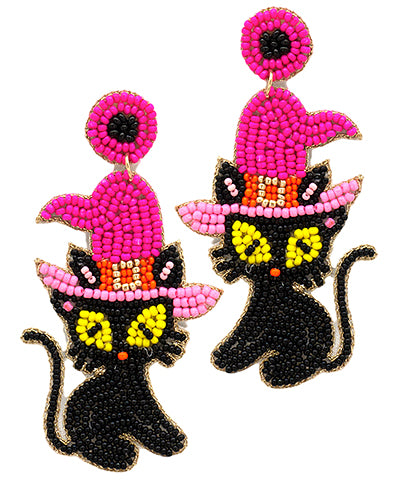Black Cat Pink Hat Earrings