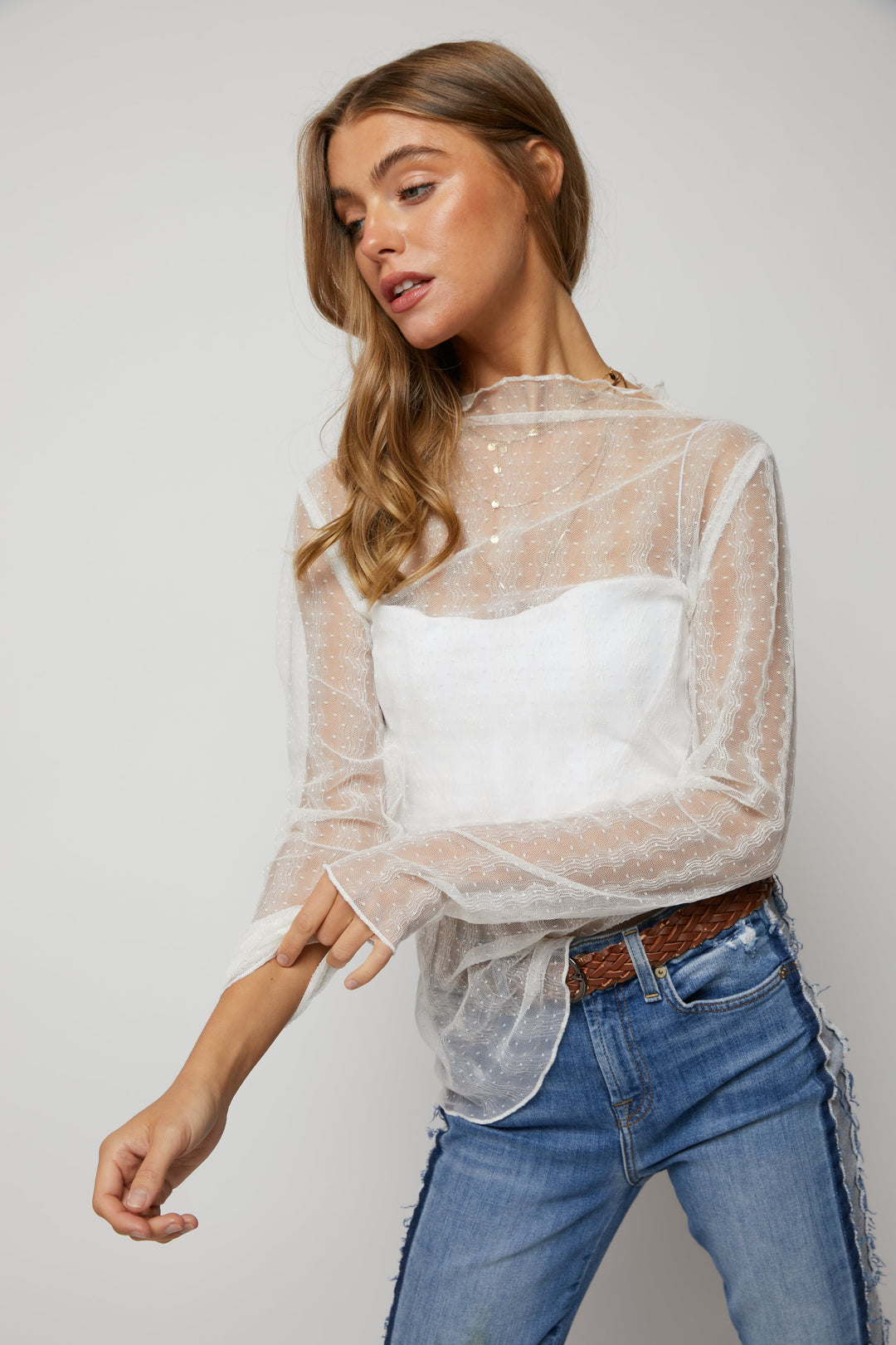 トップス Dot lace see-through top (high neck) White Dotted Sheer Lace Top – Sapphire On Spring