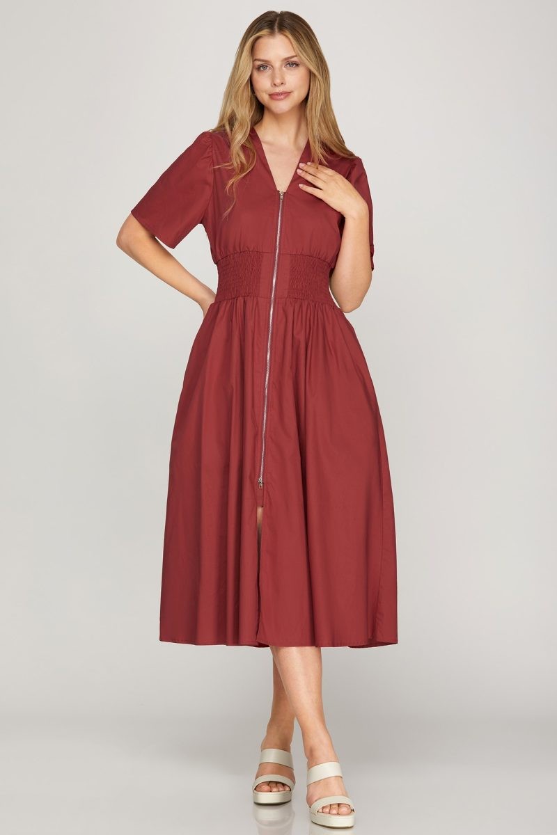 fitted lace wedding dress Knit & Lounge Women's Zip-Front Smocked Waist Short Sleeve Midi Dress - Red
