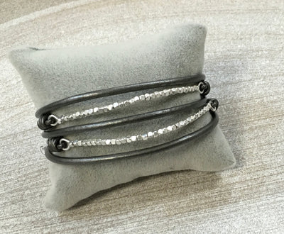 Silver 2 Strand Sq Bead & Leather Bracelet