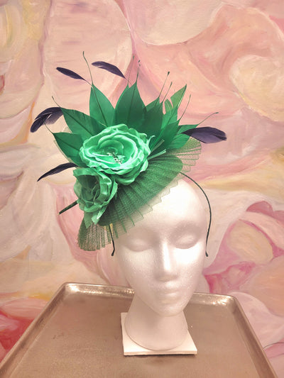 Green Rose & Navy Feather Fascinator