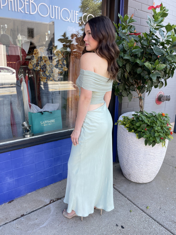 Sage Off Shoulder Midi