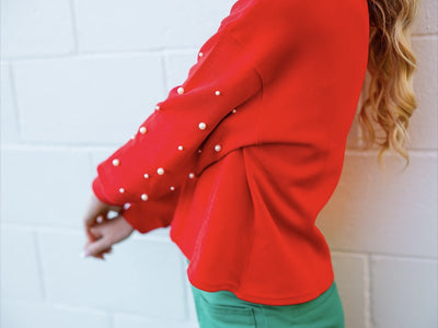 Red Pearl Sleeve Sweater