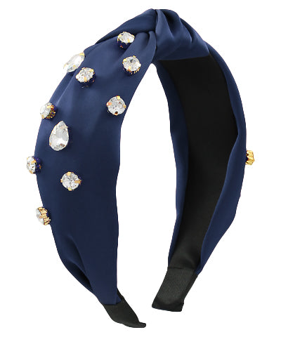 Navy Knotted Jewel Satin Headband