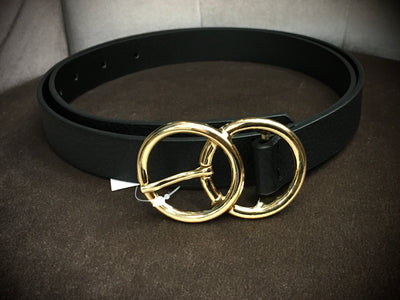 Black Leather Belt Double Gold Circles