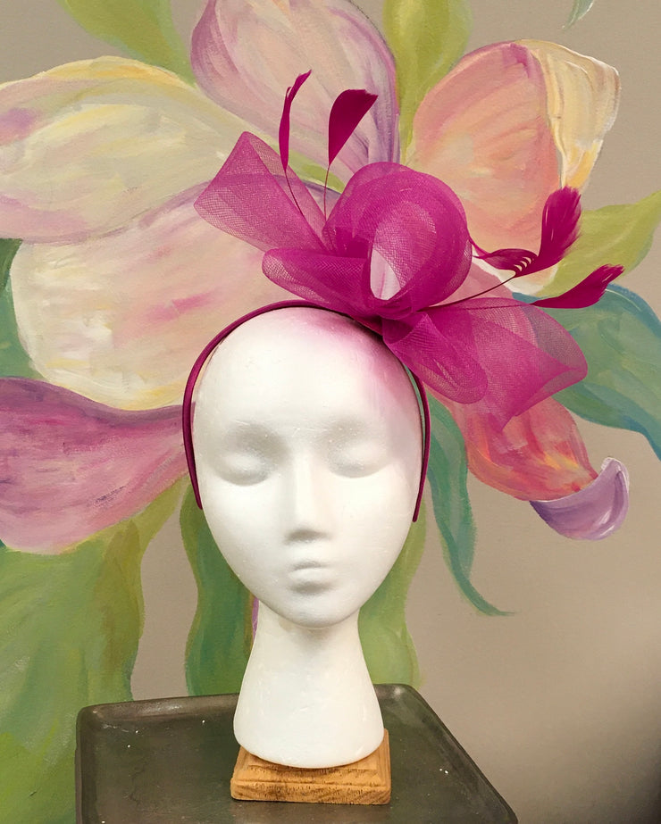 Fuschia Ribbon & Feather Fascinator